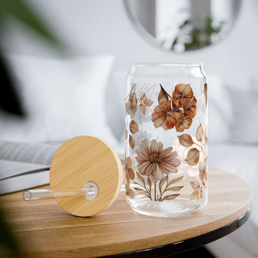 Cute Floral Sipper Glass- 16oz glass cup