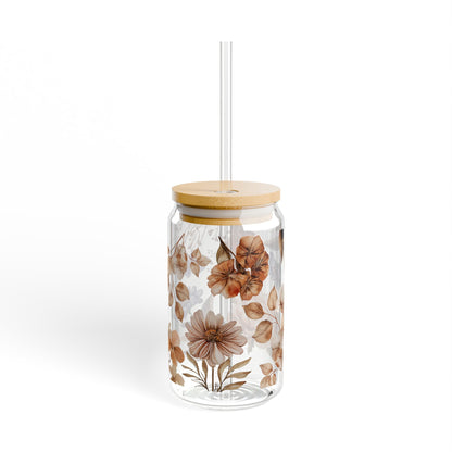 Cute Floral Sipper Glass- 16oz glass cup